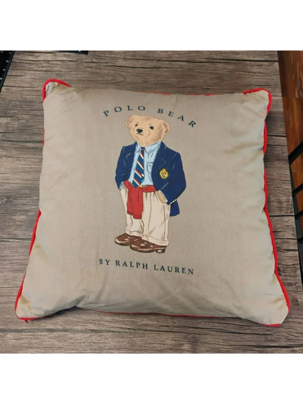 Vintage 1990s Ralph Lauren Polo Bear Pillow, Khaki Twill Canvas Red Trim, Preppy